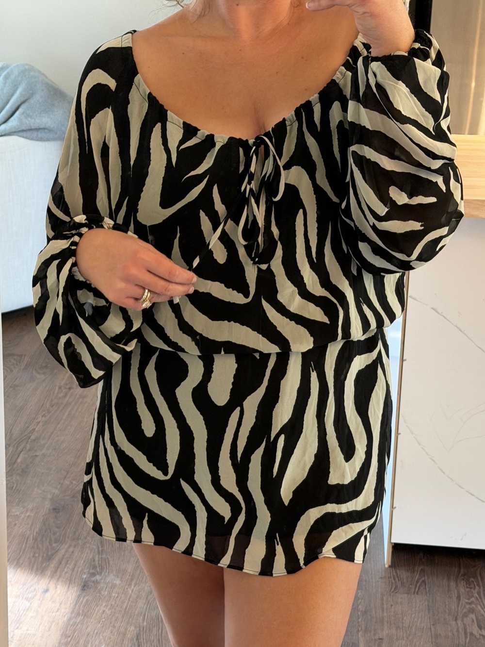 12th Tribe Zebra Print Mini Dress L Black White Long Balloon Sleeve Tie Front